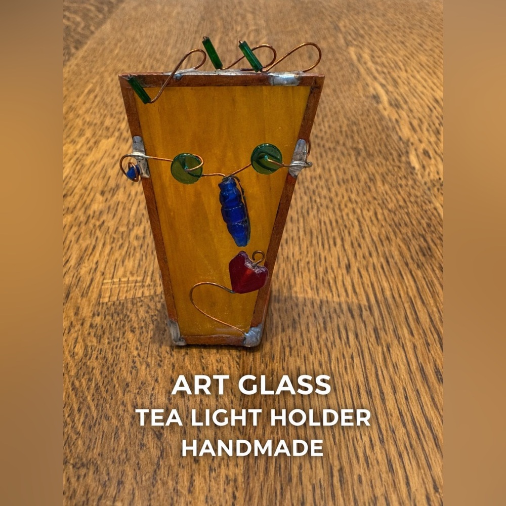 Handmade Stained Glass Tea Light Candle Holder Copper Wire Art Decor